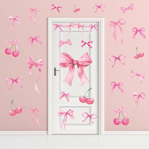 JarThenaAMCS Trendy Pink Bow Wall Stickers Coquette Light Pink Bow Knot Wall Decals Watercolor Room Mural Stickers for Valentine's Day Girls Party Home Bedroom Nursery, 7.9 x 11.8 Inch, 9 Sheets