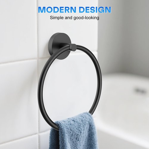 EZKEY Hand Towel Holder Screw-in Matte Black Towel Ring for Bathroom Wall Stainless Steel Round Towel Hanger for Bathroom Hardware Accessories