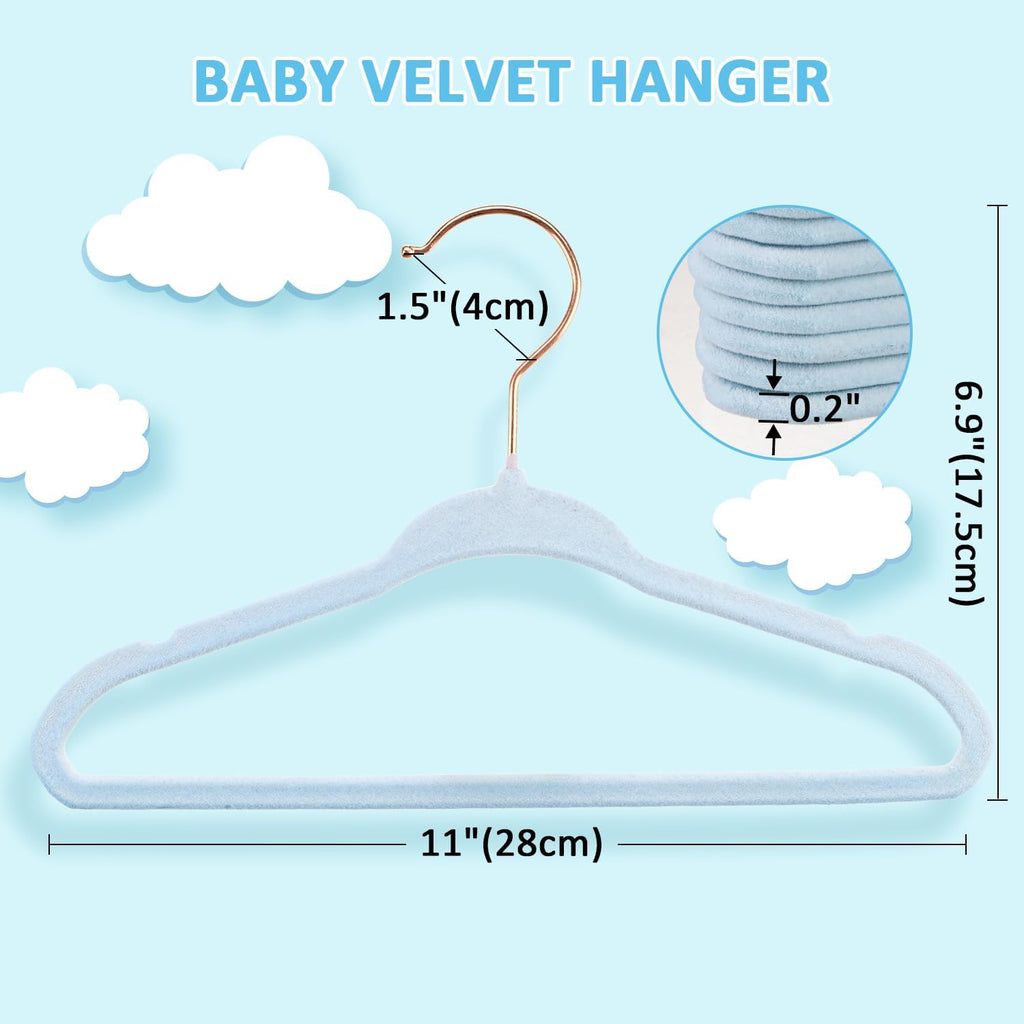 Tonswachic 11-Inch Baby Closet Hangers - Soft Velvet Non-Slip Design with 10 Clips | Blue 30-Pack