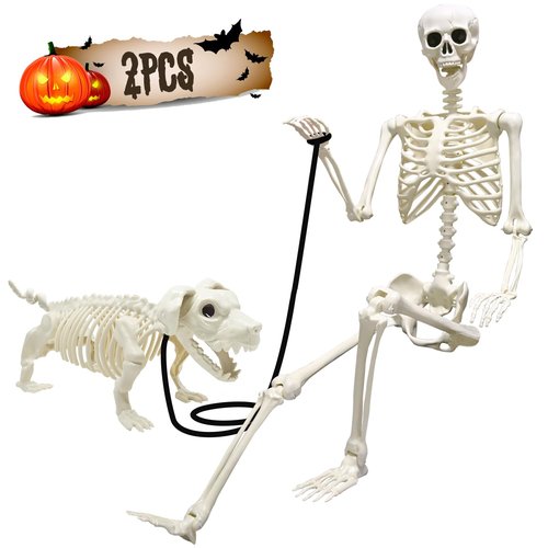 UMEELR 5.4FT Halloween Skeletons, Full Size Skeleton with Skeleton Dog, Plastic Life Size Human Skeletons for Halloween Graveyard Haunted House Party Decoration
