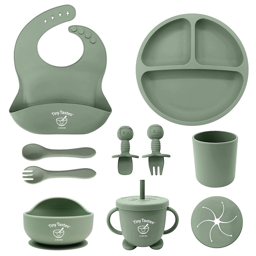 Tiny Tastes 10-Piece Silicone Baby Feeding Set – BPA-Free, Spill-Proof Suction Plate, Bowl, Bib, Snack Cup & Utensils | Dishwasher Safe, Baby Gift Ready (Green)