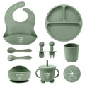 Tiny Tastes 10-Piece Silicone Baby Feeding Set – BPA-Free, Spill-Proof Suction Plate, Bowl, Bib, Snack Cup & Utensils | Dishwasher Safe, Baby Gift Ready (Green)