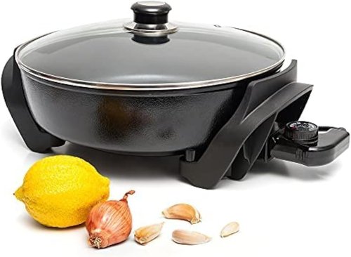 Moss & Stone Round Electric Skillet - 12-Inch Nonstick Frying Pan with Vented Glass Lid & Adjustable Temperature Control