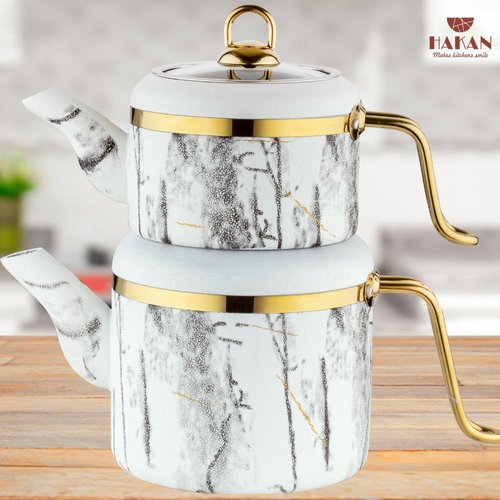 Hakan Melody Turkish Tea Pot Set | 3.5 L Tea Kettles for Stovetop with Stainless Steel Handless and Glass Lid | Aluminum Body Tea Maker | Double Stovetop Kettles with Granite Cover, White 3.6 qt