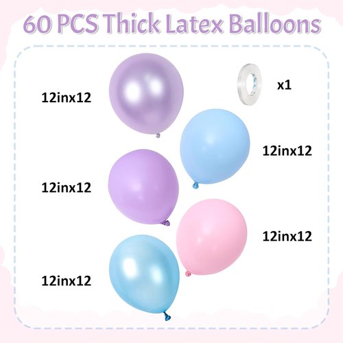 HILAVO 12-Inch Metallic Pastel Balloons - 60Pcs Iridescent Pink, Blue & Purple for Birthday Parties