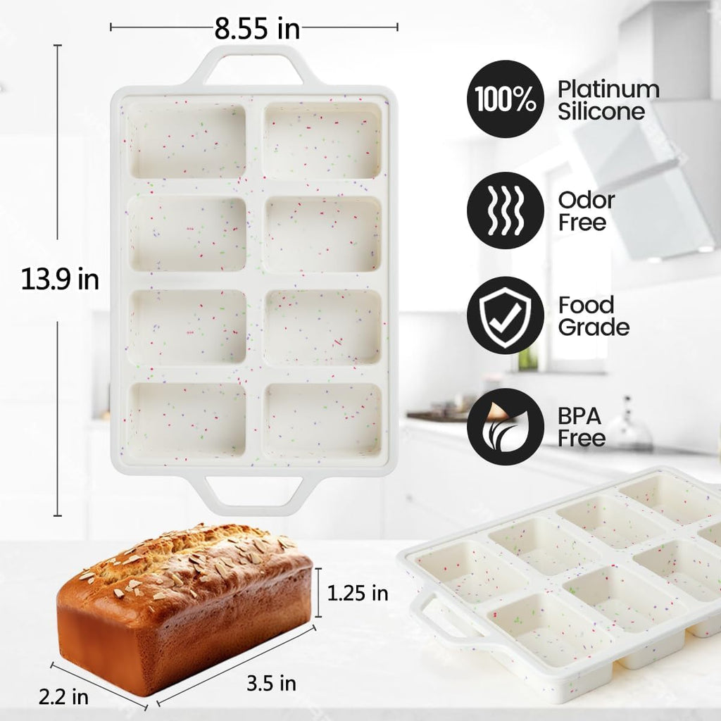 Skiennix Mini Loaf Pan - Nonstick Silicone Mold with 8 Cavities for Baking Bread, Meatloaf & Brownies