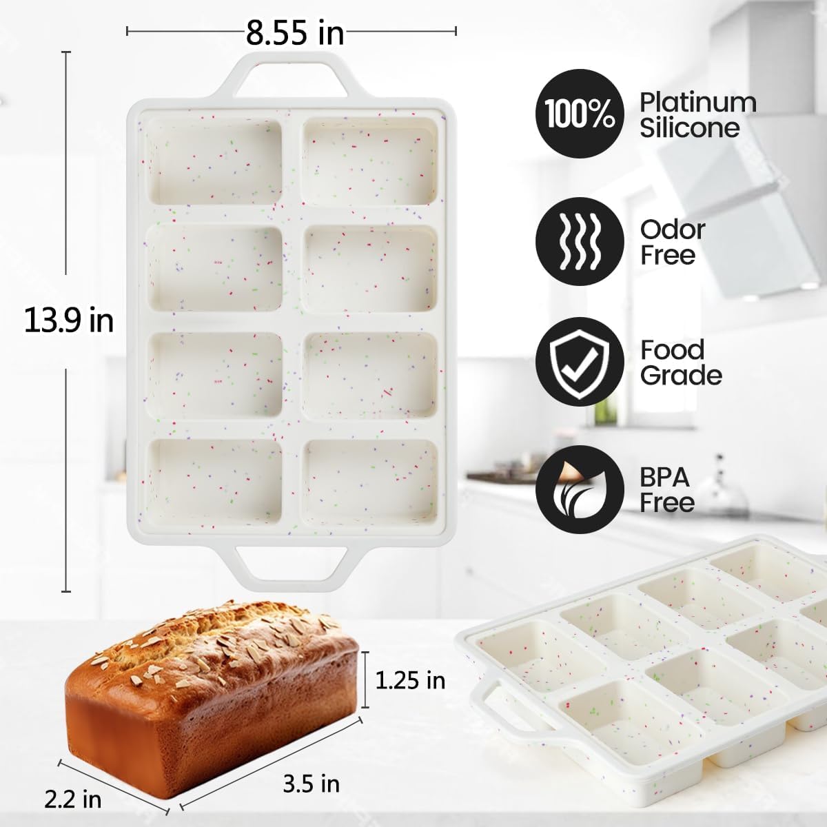 Skiennix Mini Loaf Pan - Nonstick Silicone Mold with 8 Cavities for Baking Bread, Meatloaf & Brownies