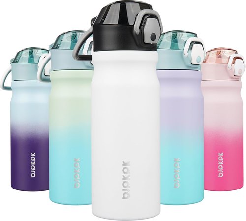 BJPKPK Insulated Water Bottle - 18oz Stainless Steel Flask with Straw, Leak-Proof Lid & Carry Handle | White