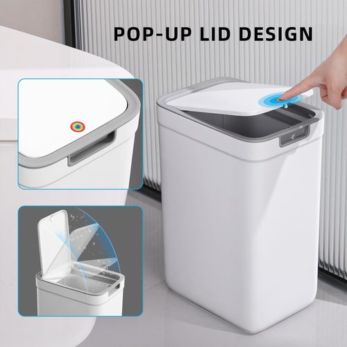 MOPALL 2 Pack Bathroom Trash Can with Lid, 3.6Gal + 2.4Gal Garbage Can with Pop-Up Lid, Small Trash Can Dog Proof, Slim Trash Bin Waste Basket for Toilet, Office, Bedroom, Living Room, Kitchen (White)