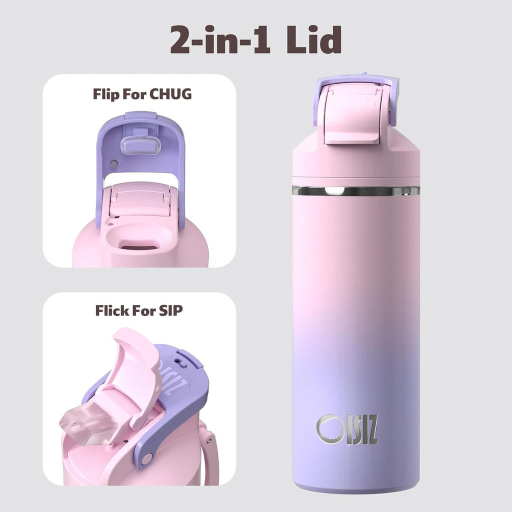 OISIZ Insulated Water Bottle - 20 oz Vacuum Stainless Steel with 2-in-1 Spout & Straw Lid | 24H Cold Retention