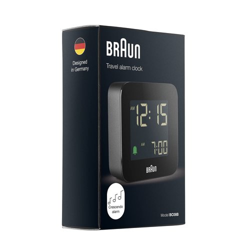 Braun Digital Travel Alarm Clock with Snooze, Compact Size, Negative LCD Display, Quick Set, Crescendo Beep Alarm in Black, Model BC08B (1-Pack)