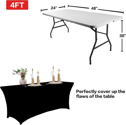 IVAPUPU 4FT Black Spring Table Cloth - Washable Fitted Spandex Cover for Events & Parties
