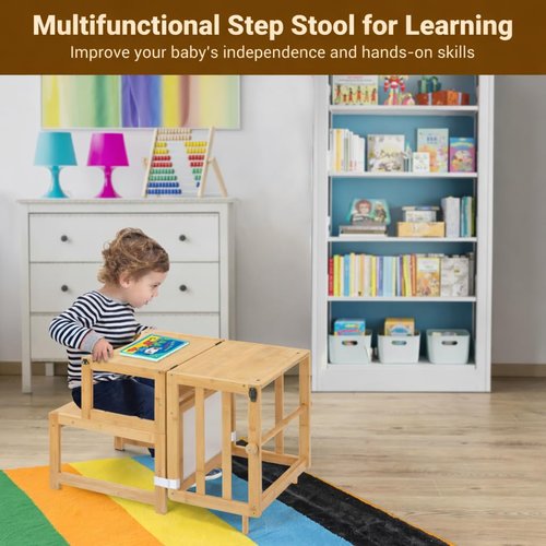 COSYLAND 3-in-1 Toddler Standing Tower with Whiteboard – Convertible Kitchen Stool for Toddlers – Globally Certified Kids Kitchen Step Stool (Natural)