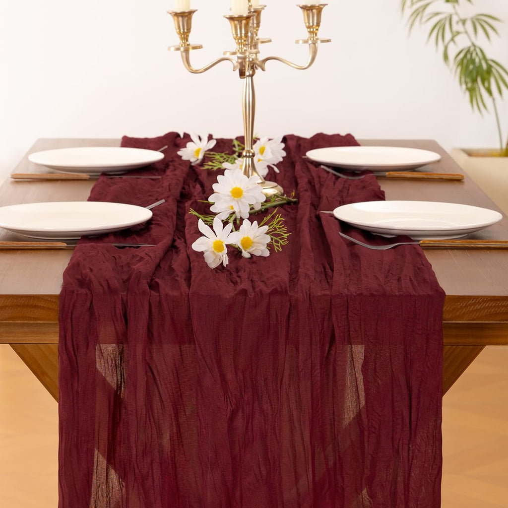 Socomi Burgundy Red Table Runner - Boho Rustic Cheesecloth Sheer 120 Inch for Weddings & Parties