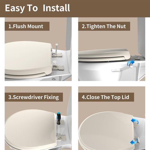 Round Toilet Seat Almond, Toilet Lid 16.5 inch with Soft Close, No Slam,Easy Installation & Release for Bottom Fixing Toilet，Safe PP Material Easy Clean，2 Years Support,B2B Available,Almond
