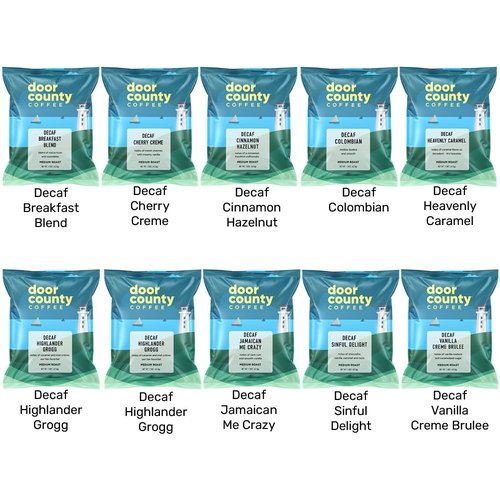 Door County Coffee Gourmet Flavored Decaf Coffee Sampler Pack - 10 Unique Specialty Grade 1 Arabica Bags - 1.5 oz Each
