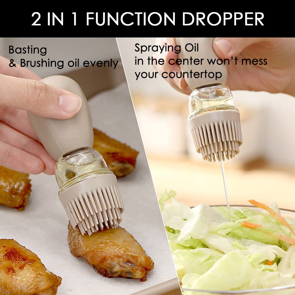 Oil Dispenser Bottle with Brush - 2 IN 1 Glass Olive Oil Storage and Container with Silicone Basting Brush for Kitchen BBQ Grilling Baking and Cooking, T-OB22, Grey