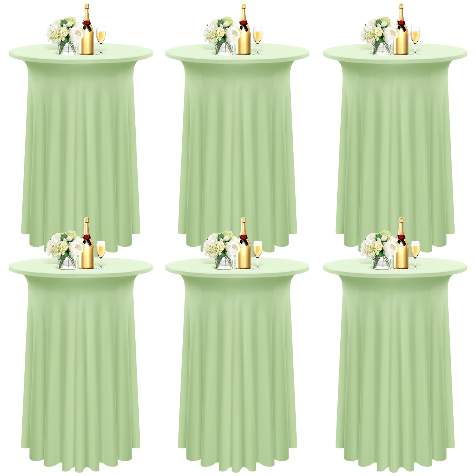Pesonlook 6 Packs Round Cocktail Table Skirt 32"x 43", Sage Green Cocktail Table Cloth with Skirt, Spandex Stretch Table Cover Fitted High Top Table for Party Banquet