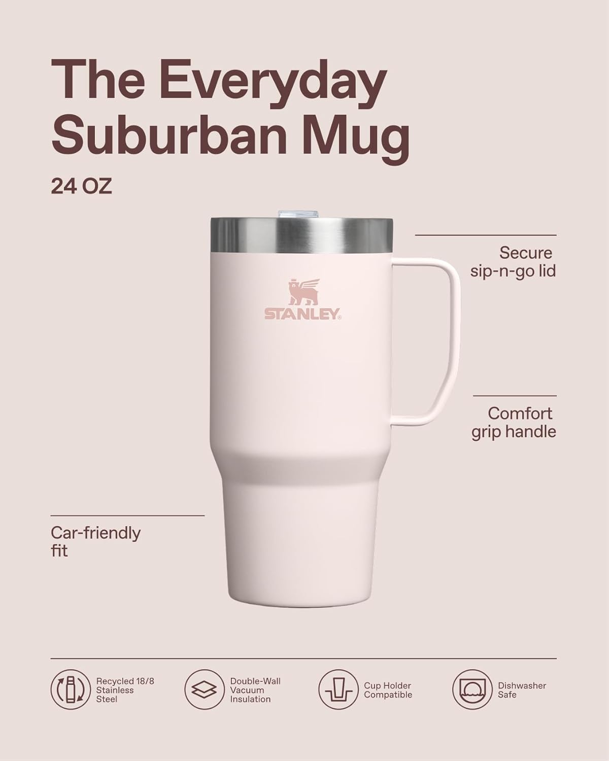 STANLEY Everyday Suburban Mug - 24 oz Insulated Stainless Steel Coffee Cup with Drink Through Lid | BPA-Free | Frost