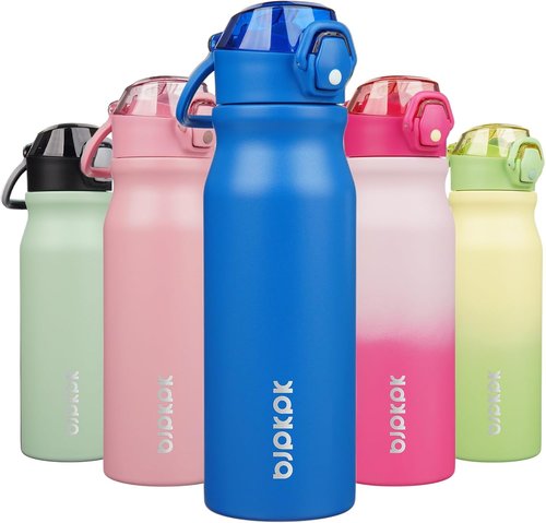 BJPKPK 25oz Insulated Water Bottle - Stainless Steel, BPA-Free, Leak-Proof | Blue with Straw & Lockable Lid