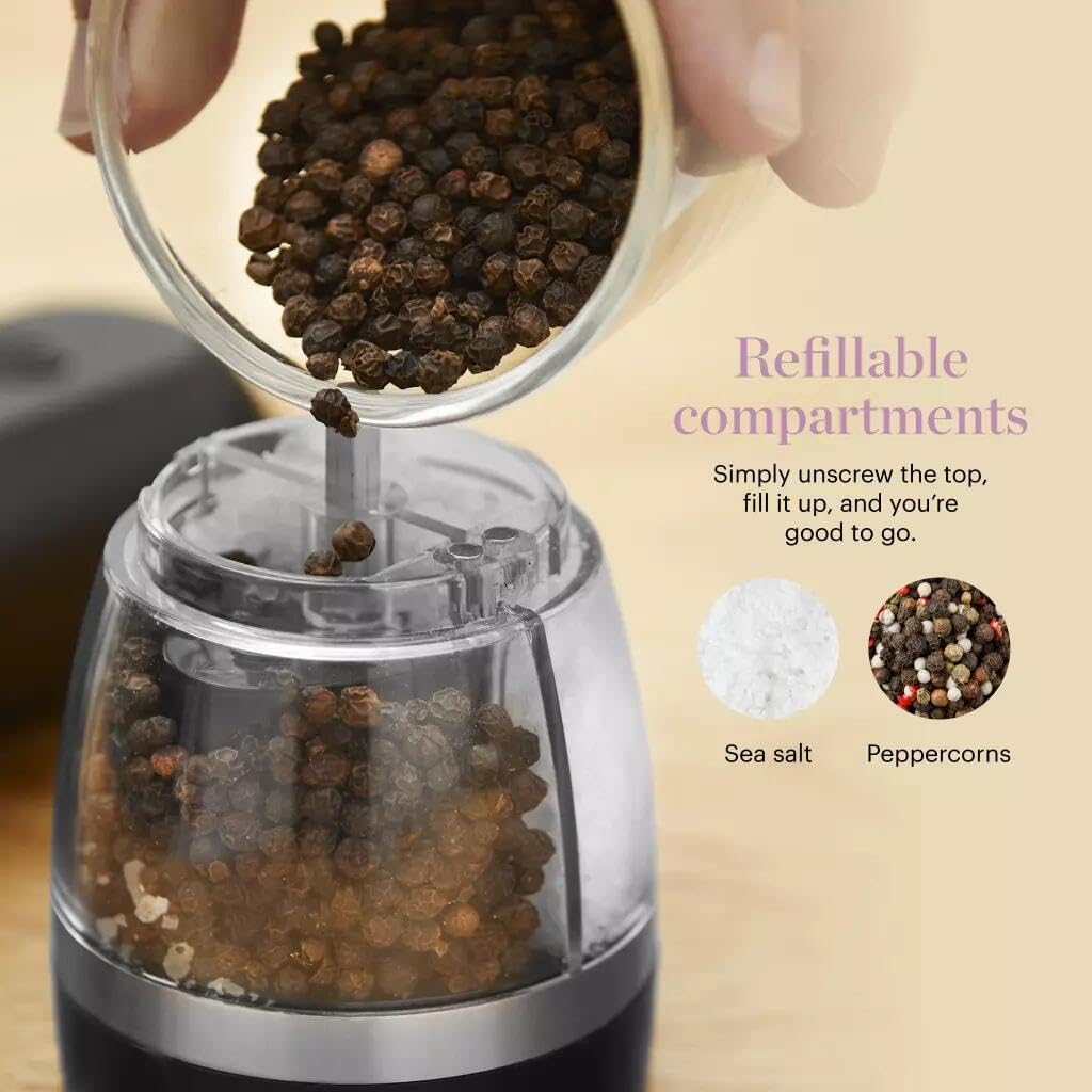 Electric Salt and Pepper Grinder 2-in-1, USB Rechargeable, Adjustable Ceramic Coarseness, LED Light, One-Handed Operation, Refillable, Black