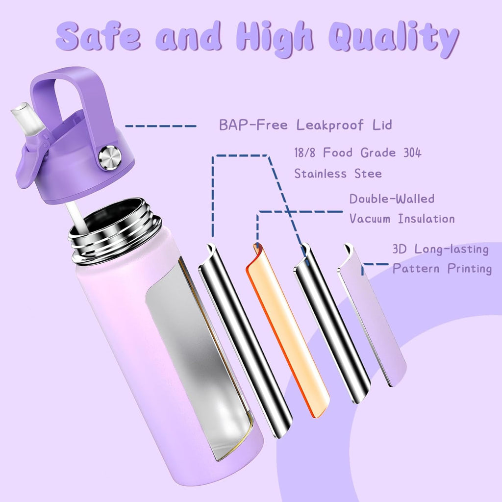 Skiennix 18oz Kids Insulated Water Bottle - BPA-Free Stainless Steel, Leak-Proof Tumbler (Purple)