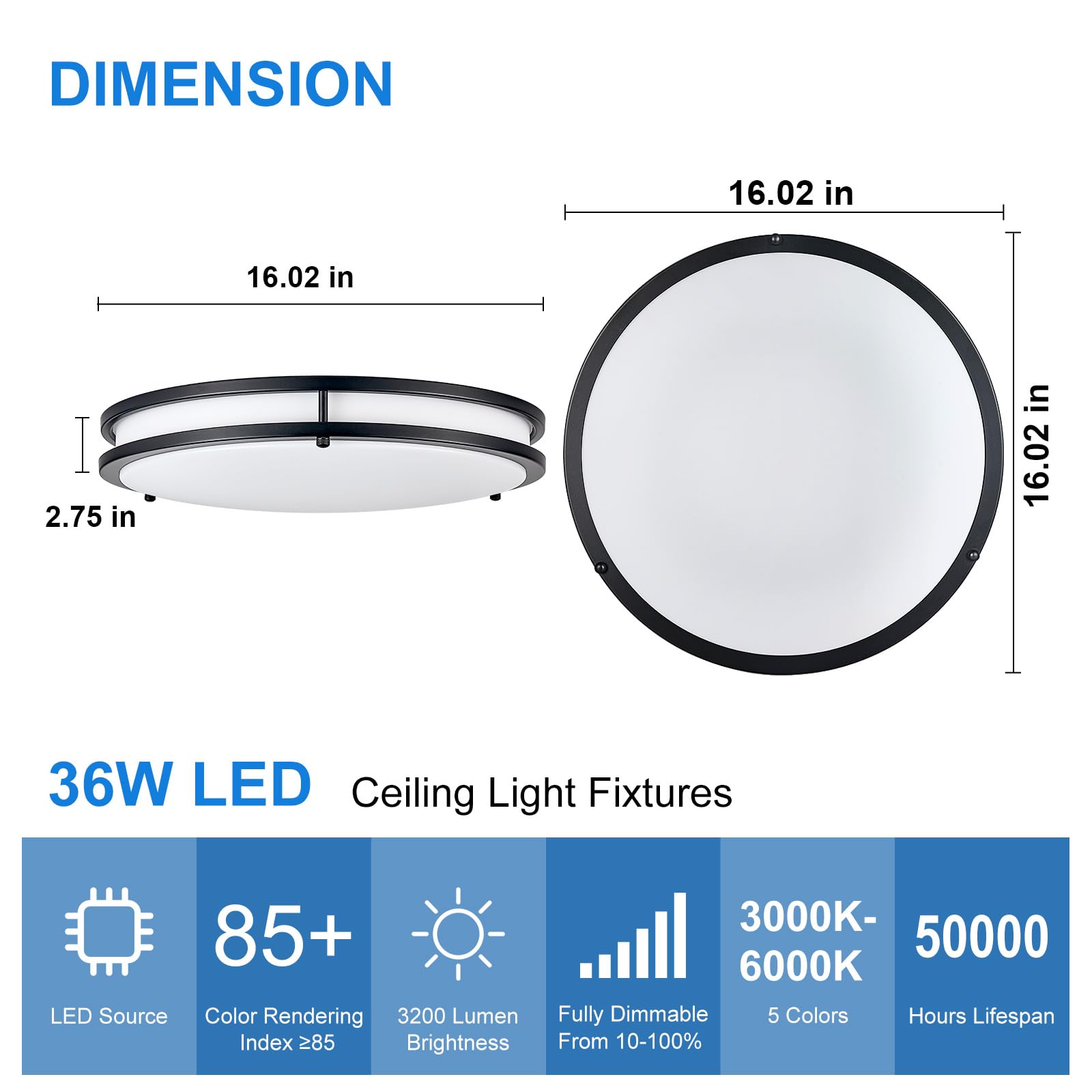 DLLT Flush Mount LED Ceiling Light: 16 Inch 5CCT (3000K-6000K) & Dimmable Ceiling Light Fixtures for Bedroom Hallway - 36W Modern Black Super Bright Kitchen Lighting Fixtures Ceiling