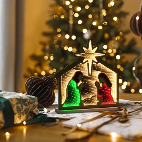 MEETYAMOR Nativity Sets for Christmas Indoor, Nativity Scene Infinity Mirror Tunnel Light, Nativity Scene with Manger for Home Living Room Mantel Table Centerpiece Christmas Decorations