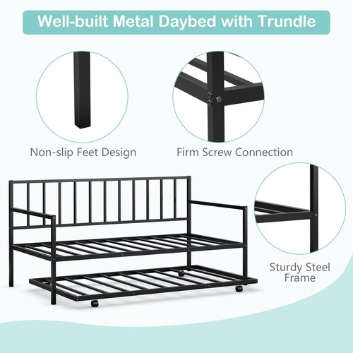 COSTWAY Twin Size Daybed and Trundle, Metal Frame Daybed and Roll Out Trundle w/Steel Slat Support & 4 Lockable Casters, Heavy-Duty Daybed for Guest Room, Bedroom (Black)
