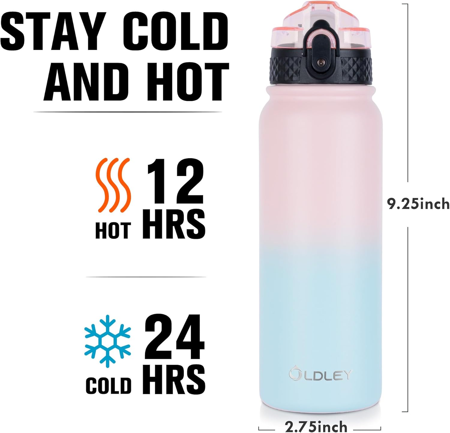 Oldley Insulated Water Bottle - 20oz Stainless Steel with 3 Lids | Double Wall Vacuum for Adults & Kids - Light Pink-Blue