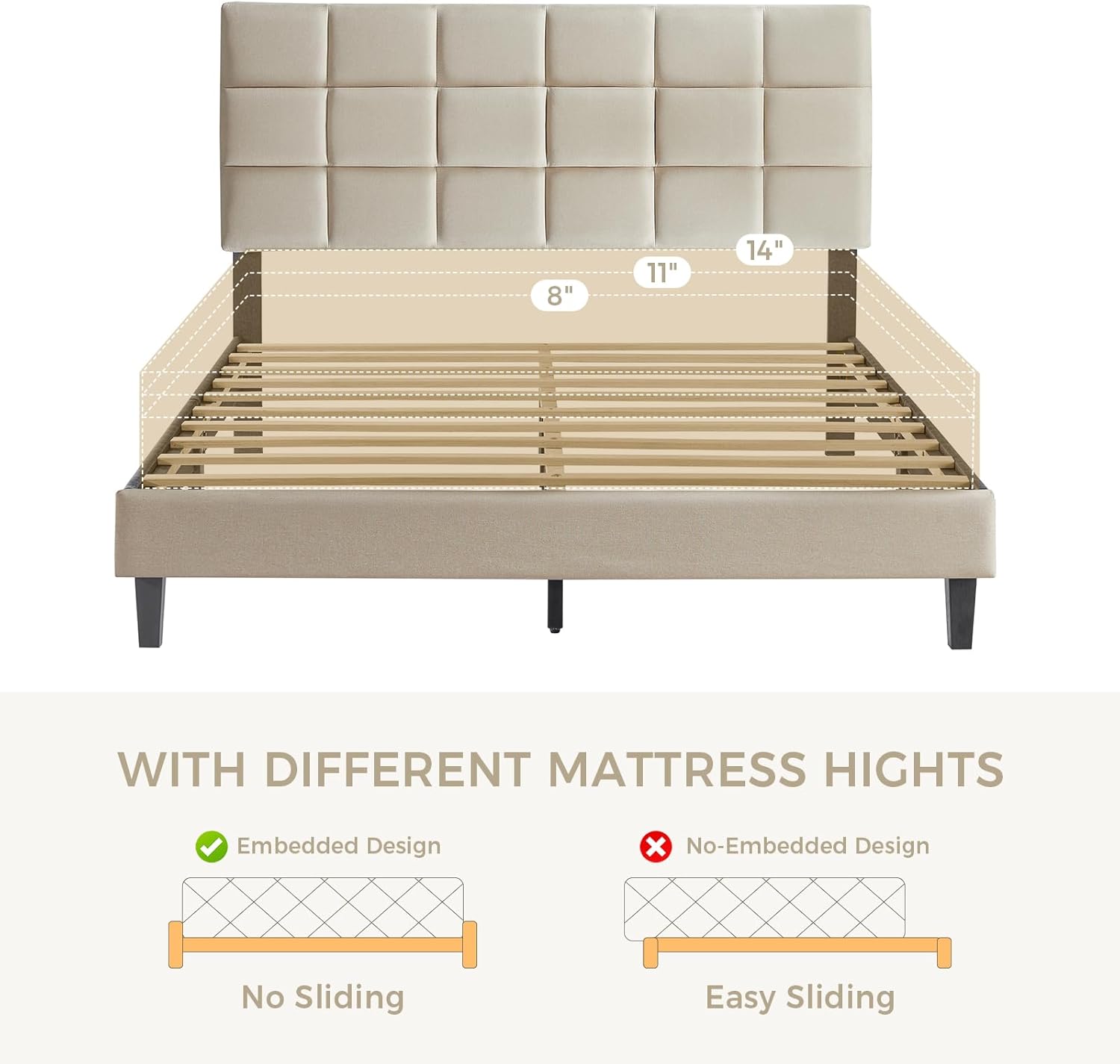 Susalt Queen Size Bed Frame - Upholstered Linen Headboard, Wooden Slats, Easy Assembly, 1000LBS Capacity | Beige