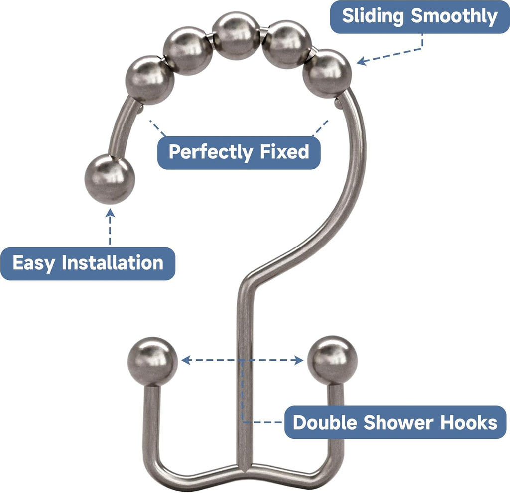 Titanker Shower Curtain Hooks - Rust Resistant Metal Double Glide Rings, Set of 12 - Nickel Finish