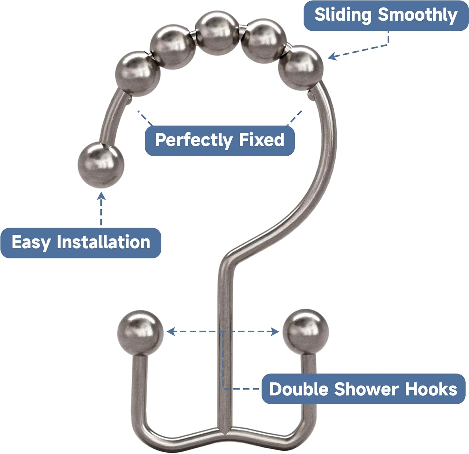 Titanker Shower Curtain Hooks - Rust Resistant Metal Double Glide Rings, Set of 12 - Nickel Finish