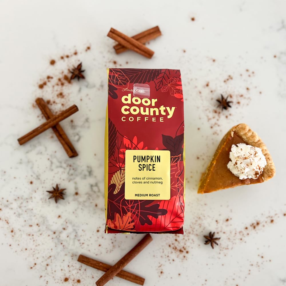 Door County Coffee Pumpkin Spice DECAF Flavored Coffee Whole Bean - 8 oz Bag - Fall Seasonal - Medium Roast - 100% Specialty Arabica - Cinnamon & Nutmeg Flavored