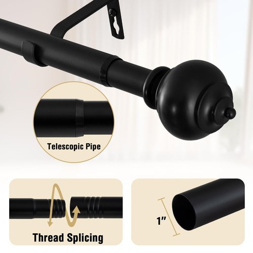 H.VERSAILTEX Curtain Rods for Windows 16.2 to 43.8 Inches 1 inch Diameter Adjustable Decorative Telescoping Curtain Rod with Brackets Heavy Duty Splicing Window Rods with Decorative Finials, Black