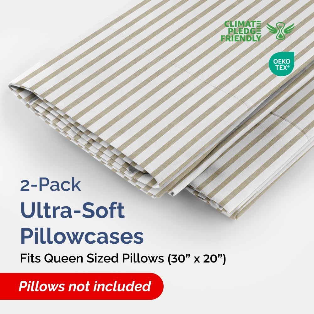Skiennix Queen Pillow Cases Set of 2 - Ultra Soft Hotel Quality - Wrinkle Free & Fade Resistant - Beige Stripes