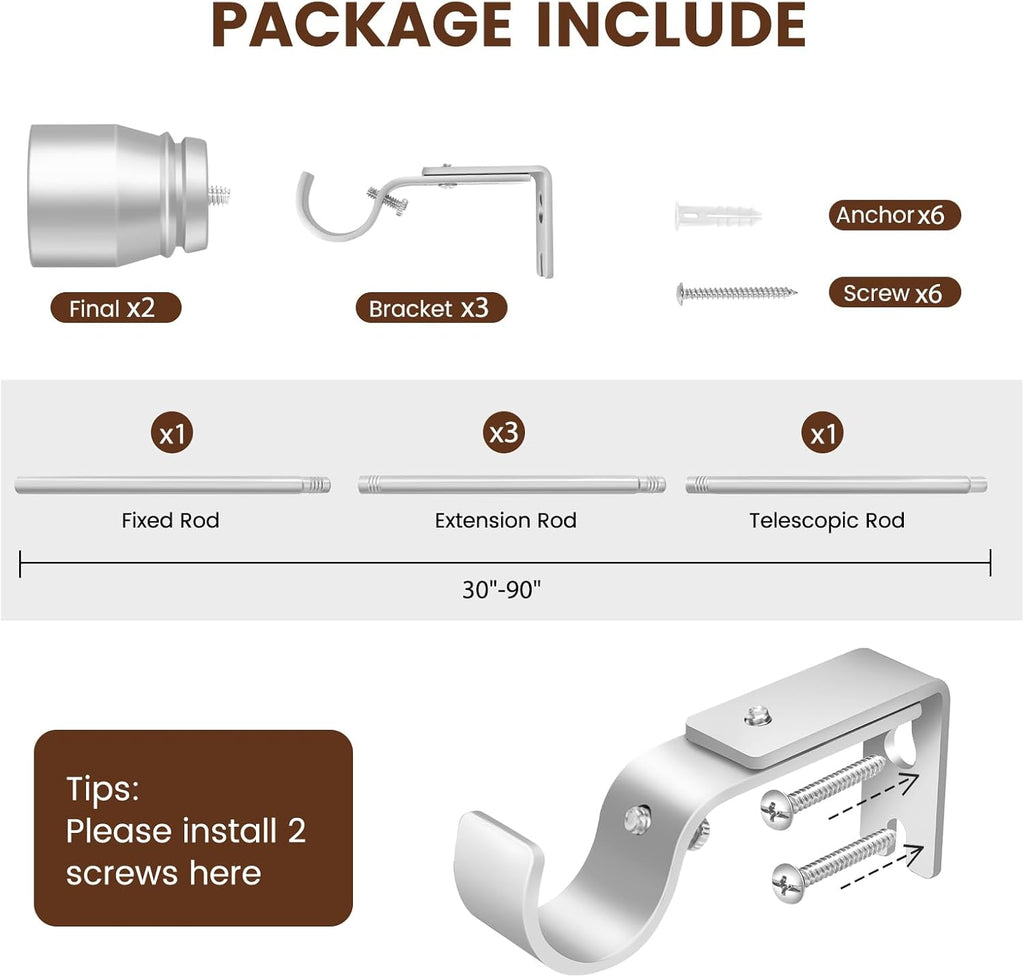 Skiennix 1" Diameter Silver Curtain Rod - Heavy Duty Adjustable 30-90 Inch for 30-84 Inch Windows
