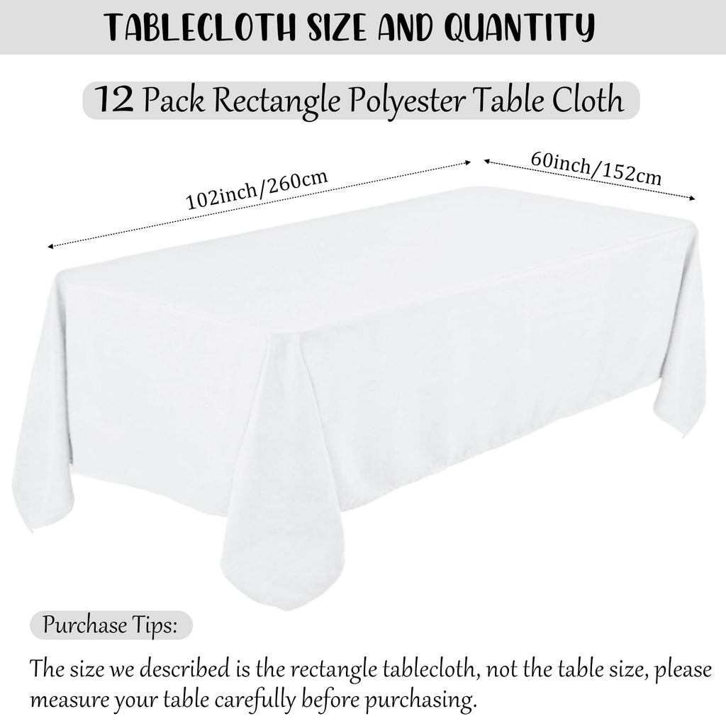 Fivenl 12 Pack White Tablecloth 60 x 102 Inch, Bulk 6 Foot Rectangle Table Clothes, Washable Polyester Fabric Table Covers for Wedding, Party, Reception, Banquet