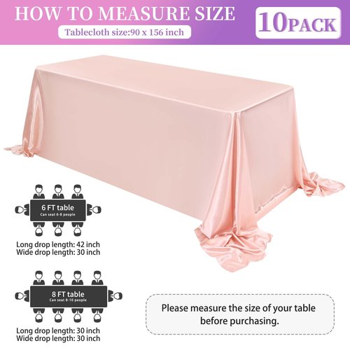 FXKS 10 Pack Satin Tablecloth 90 x 156 Inch Rose Gold Rectangle Silky Satin Table Cover,Bright Silk Smooth Table Cloth,Overlay Silky Table Cover for Wedding Party Banquet Event Dining Decoration
