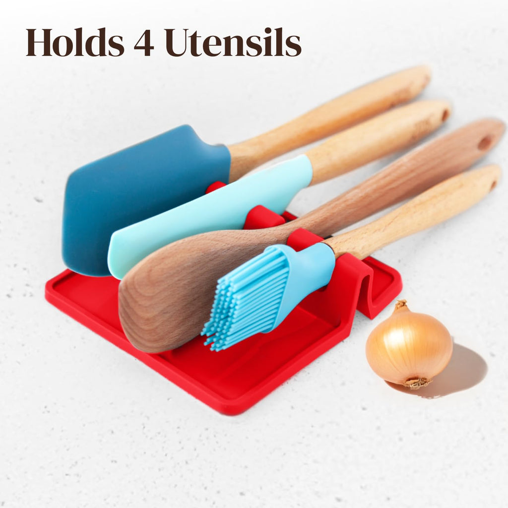 Cooler Kitchen Red Silicone Spoon Rest for Stove Top with Drip Pad (Two Pack) - Heat-Resistant, BPA-Free Utensil Rest & Spoon Holder for Kitchen Counter - Grill Utensil Holder for Spatulas