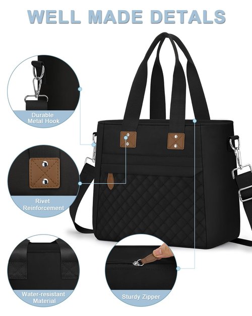 Insulated Lunch Box for Women & Men - Large Thermal Lunch Bag Women with Removable Shoulder Strap, Reusable Lunch Cooler Tote Bags Purse for Adults Work, Picnic, Hiking, Beach, Travel, Medium，Black