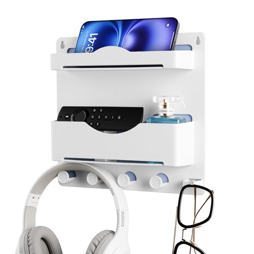 JUMEIHUI Bedside Wall Shelf with Glasses Hooks ，Adhesive Bedside Organizer Wall Mount for Dorm and Room Accessories Phone，Remote，Earphone， Kindle (White)