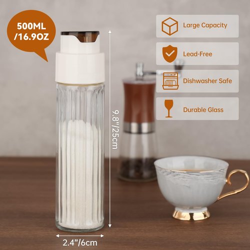 NiHome 16.9 OZ Sugar Dispenser with Automatic Pouring Switch for Home, Kitchen, Coffee Station, Large Capacity Glass Jar for Sugar, Coffee Creamer, Salt, Food-Grade Glass with Anti-Slip Ribbed Design