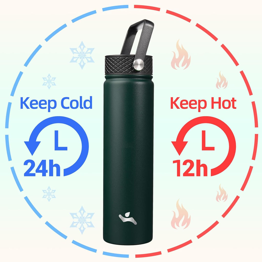 Skiennix Insulated Water Bottle - 24oz Stainless Steel Sport Bottle with 3 Lids | Army Green