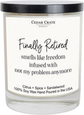 Cedar Crate Market - Retirement Gift for Woman, Men - Finally Retired Soy Wax Candle,Caribbean Retreat Scented, 60 Hours Burn, Eco-Friendly Glass Jar, Farewell Presents for Coworkers - Made in USA