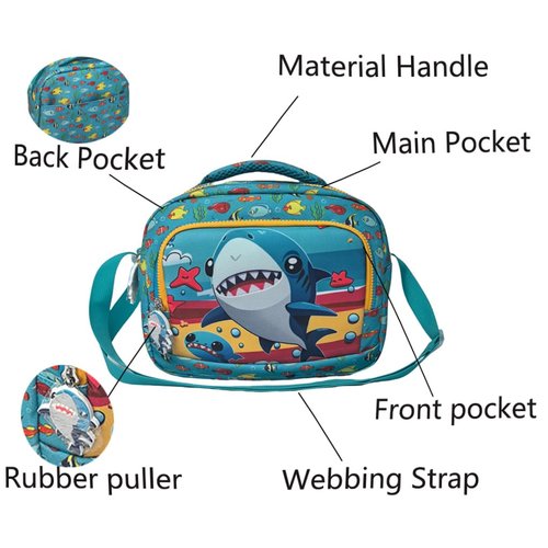 Alveroya Kids Lunch Box for Boys, Insulated Shark Lunch Bag for School, Reusable Cooler Tote with Adjustable Strap & Back Pocket, Fits Bento Box, Leakproof Thermal Meal Container (Blue Shark)