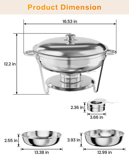 5QT Chafing Dish Buffet Set of 2 Pack, Food Warmers and Servers Round Stainless Steel Chafer with Food & Water Pan, Lid, Frame, Fuel Holder for Catering,Parties and Festivals