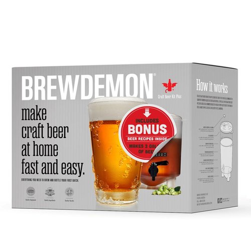 BrewDemon Premium Beer Kit Bonus with Bottles - Conical Fermenter Eliminates Sediment and Makes Great Tasting Home Made Beer - 1 Gal. Pilsner, Stout, and IPA Recipes