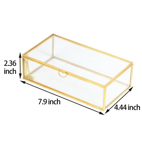 ZEXALOR Clear Glass Decorative Box for Organizing Photos, Jewelry, Small Items - Golden Dresser Drawer Organizer, Transparant Small Storage Bin Container with Lid (Upgrade, 8x4,3x2,3")