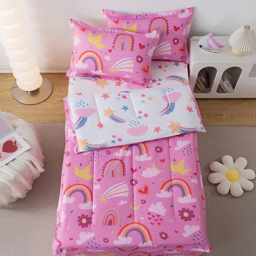 qjmiaofang Rainbow Comforter Set Kids Zipper Bedding Twin for Girls Flower Zip Up Bedding with Sheets Soft Microfiber Princess Themed Rainbow All in One Zipper Bed Set with Fitted Sheet for Home Decor